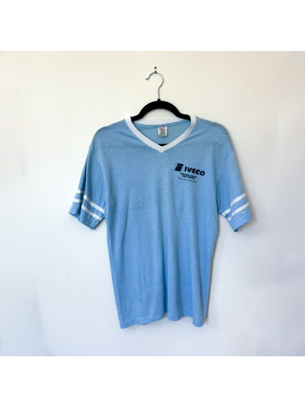 Vintage Tshirt IVECO Trucks Stedman Sport-1 Ringer Tee Baby Blue Made USA Size L